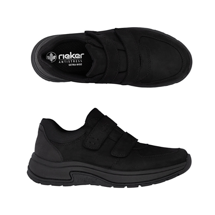 Pair of All black Leather shoes with two velcro straps and Rieker logo on black footbed.