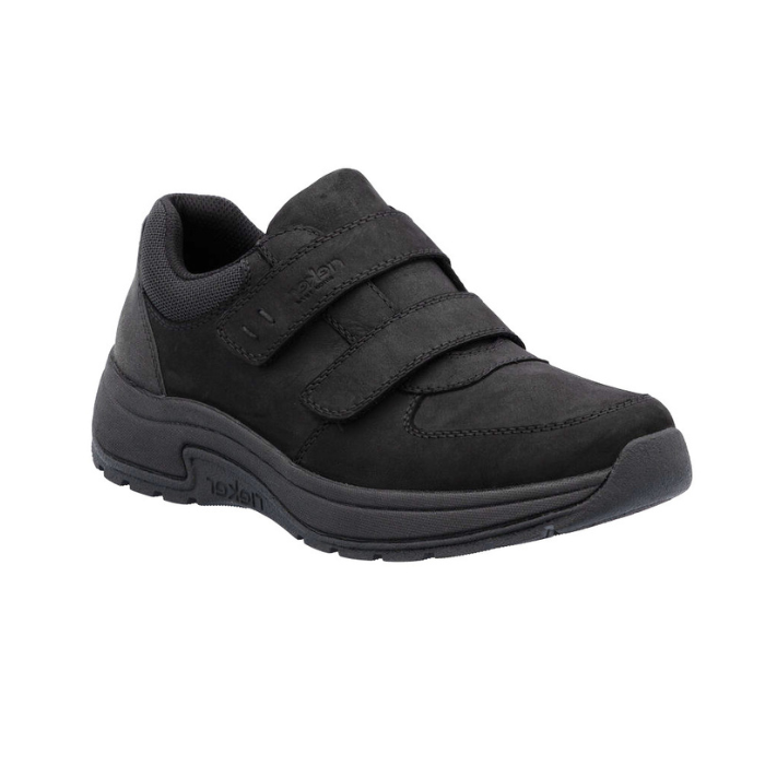 All black Leather shoe with two velcro straps.