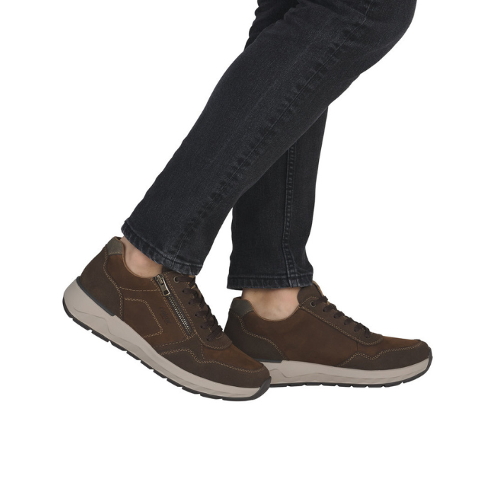 Brown shoes worn with dark jeans.
