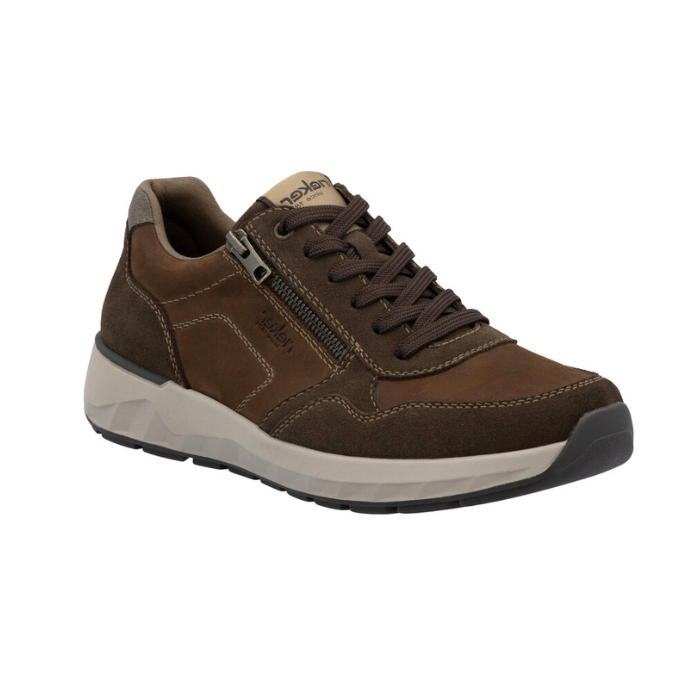 Brown sneaker with accent darker brown sections, laces, side zipper, grey thick midsole and black outsole.