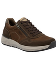 Brown sneaker with accent darker brown sections, laces, side zipper, grey thick midsole and black outsole.
