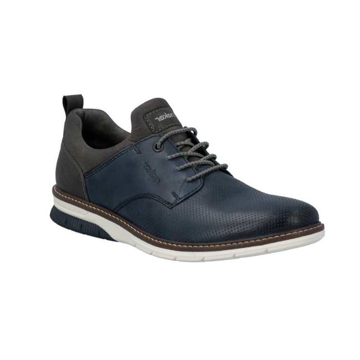 Pair of Slip-On Lace Sneakers in blue with perforated upper, grey cuff, grey heel accents and white outsole.