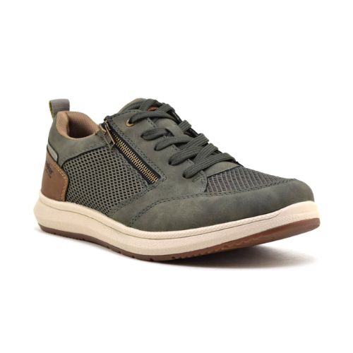 Olive green mesh and faux leather sneaker with laces, side zipper, brown heel accent, beige midsole and tan outsole.