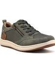 Olive green mesh and faux leather sneaker with laces, side zipper, brown heel accent, beige midsole and tan outsole.