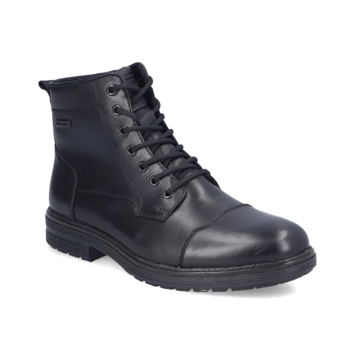 Black leather ankle boot with laces, cap toe and treaded outsole.
