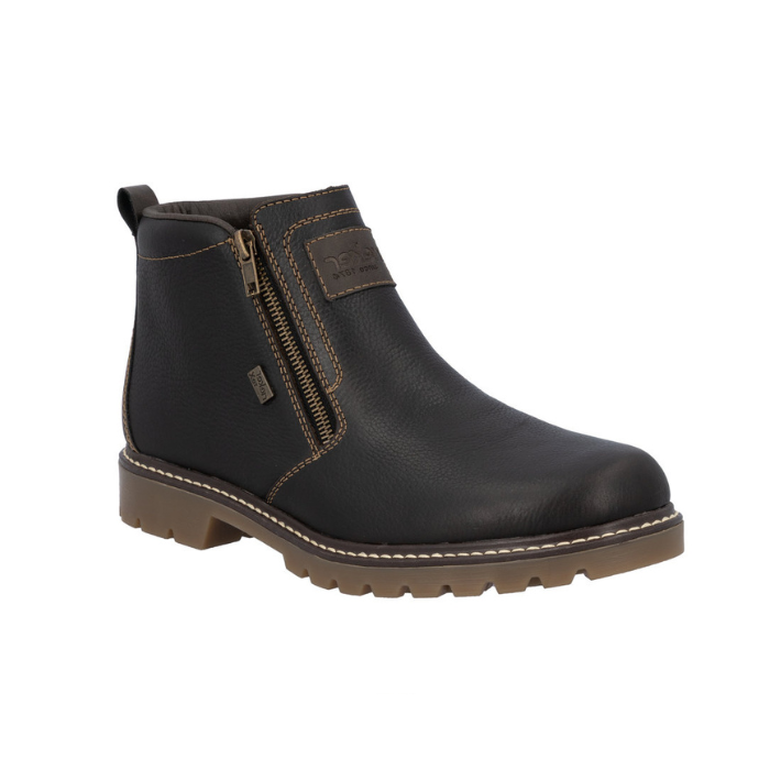 Dark brown leather ankle boot with dual side zippers and a brown rugged rubber outsole.