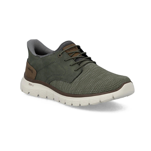 Green slip-on sneaker with elastic laces, mesh upper with brown accents, and white outsole.