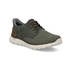 Green slip-on sneaker with elastic laces, mesh upper with brown accents, and white outsole.