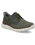 Green slip-on sneaker with elastic laces, mesh upper with brown accents, and white outsole.