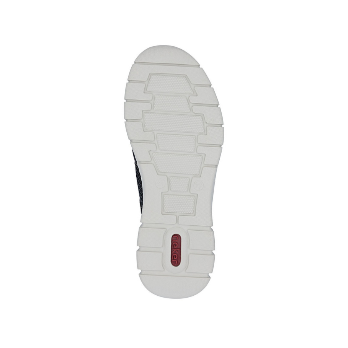 White light treaded outsole with red Rieker logo on heel.
