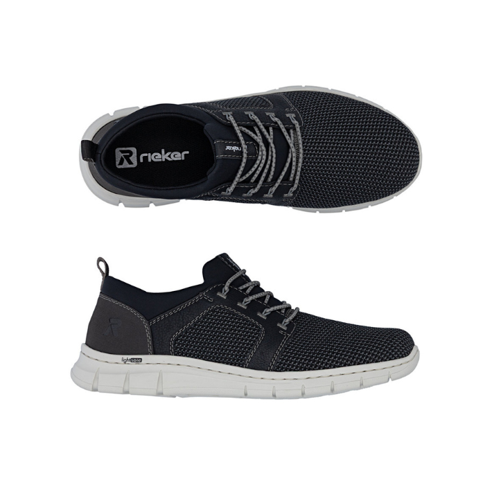 Pair of Slip-on Sneaker in black with mesh upper, elastic laces, black Rieker logo'd footbed, grey accents and off-white outsole.