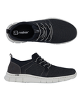 Pair of Slip-on Sneaker in black with mesh upper, elastic laces, black Rieker logo'd footbed, grey accents and off-white outsole.