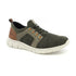 Slip-on Sneaker in olive green with mesh upper, elastic laces, brown accents and white outsole.
