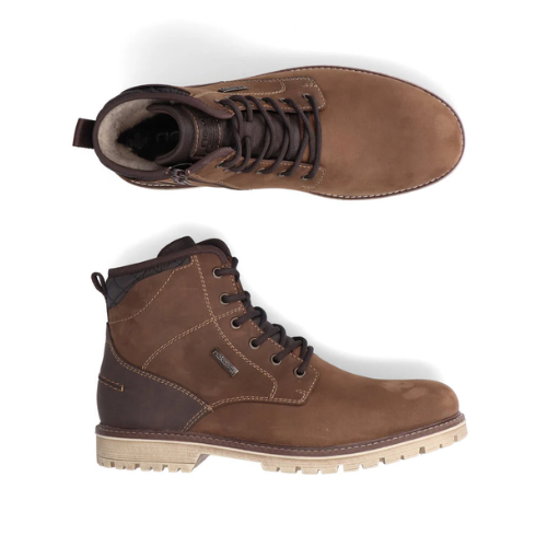 A pair of brown lace-up ankle boota with brown laces, dark brown accents, light stitching and a tan rugged outsole.