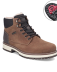 A brown suede lace-up ankle boot with black trim, a black heel, and a white midsole, with a circular inset highlighting the red collapsible ice pics on the outsole.
