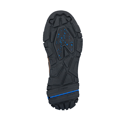 The outsole of a black rugged boot, showing deep tread patterns and bright blue accents in the grip inserts and metal spike bar at the heel. 