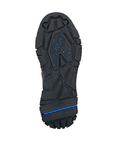 The outsole of a black rugged boot, showing deep tread patterns and bright blue accents in the grip inserts and metal spike bar at the heel. 