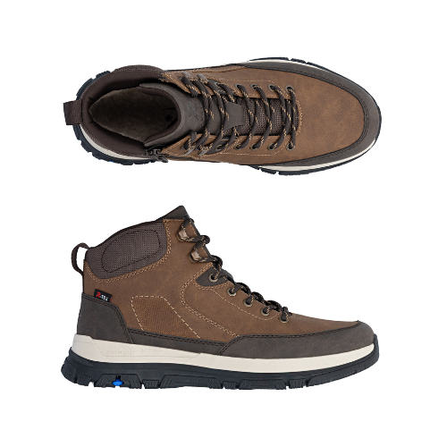 Pair of brown leather boots with dark brown laces, accent stitching, inside zipper, a beige midsole, and a black treaded outsole.