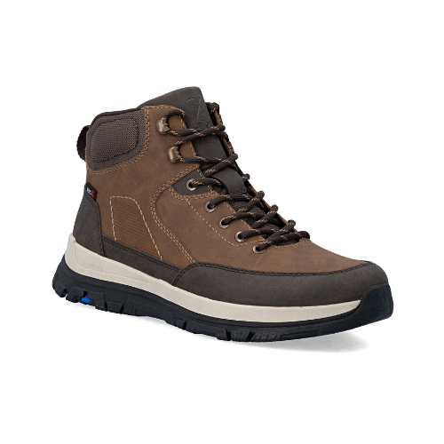 A brown leather boot with dark brown laces, accent stitching, a beige midsole, and a black treaded outsole.