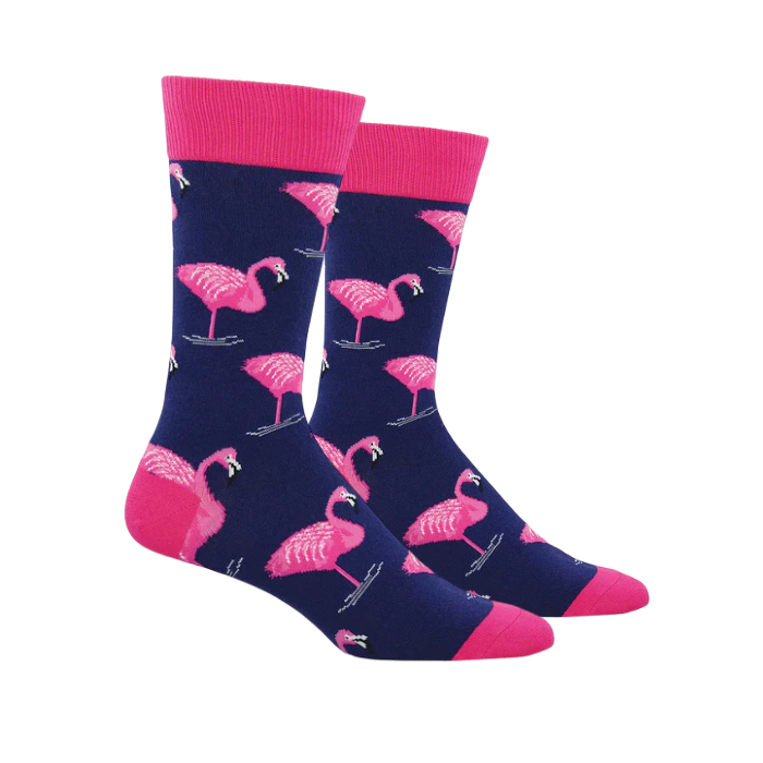 Men's King Size Flamingo Bird Cotton Crew Socks in navy blue with pink flamingo print.