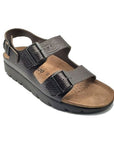 Dark brown textured leather Zeus sandal by Mephisto has 2 straps across tow with buckles and 1 around heel with a buckle