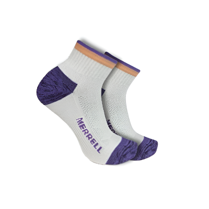 Pair of white socks with purple accents and Merrell logo with orange stripe at cuff.