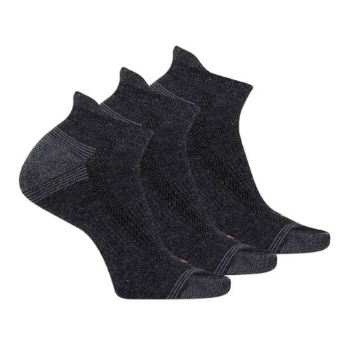 Three black socks with grey accent heels and toes.