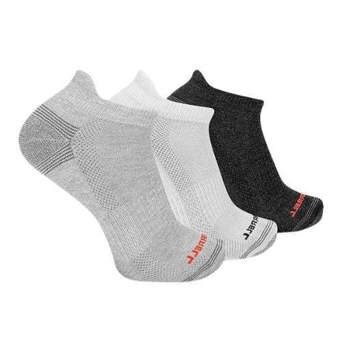 A grey, white and black sock with orange Merrell logo on toes.