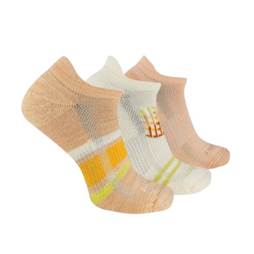 Three ankle socks in peach with white and yellow accents differing on each sock.