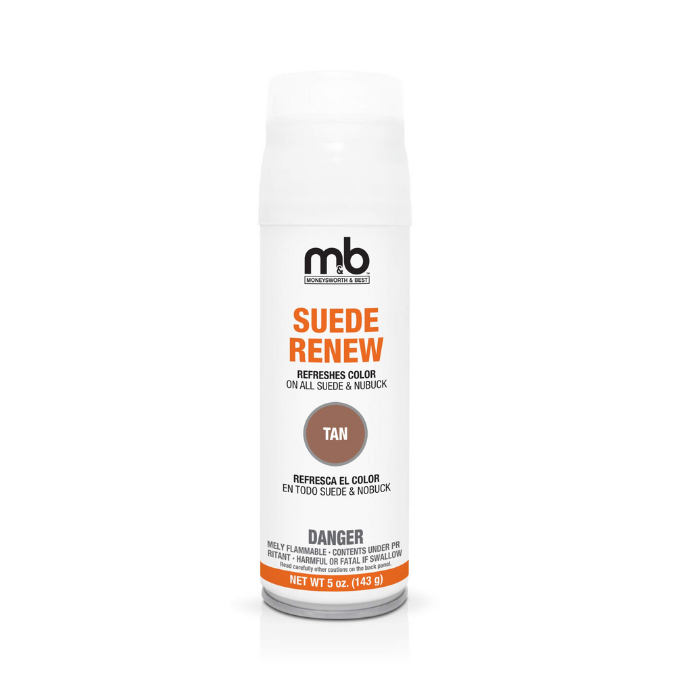 Moneysworth & Best Suede Renew Spray in tan, a shoe care product that restores moisture and color to suede and nubuck surfaces.