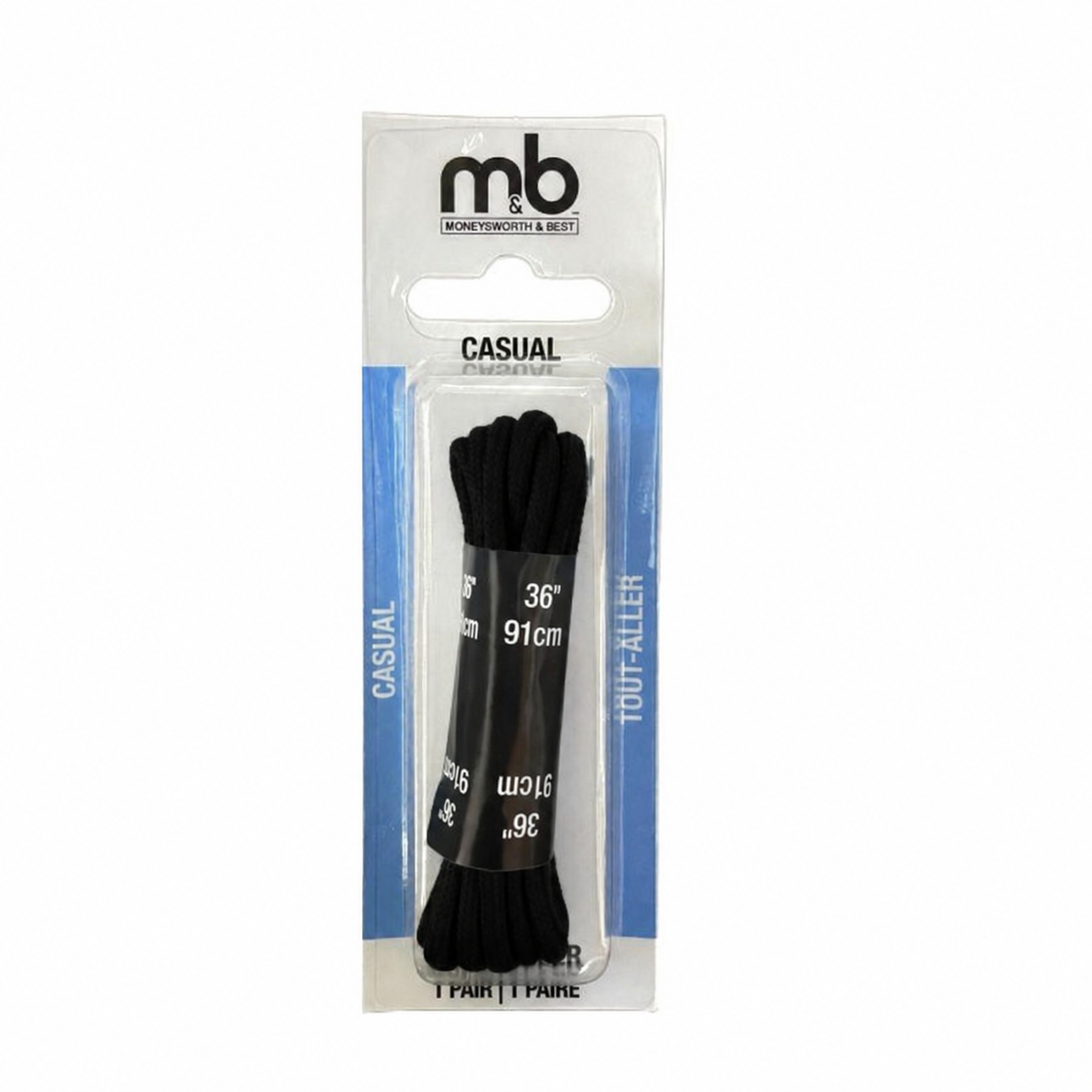 Pack of black shoelaces with packaging labeled 'm&b' 