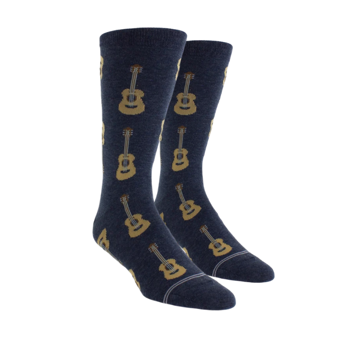 Navy crew men's socks with acoustic guitar pattern.