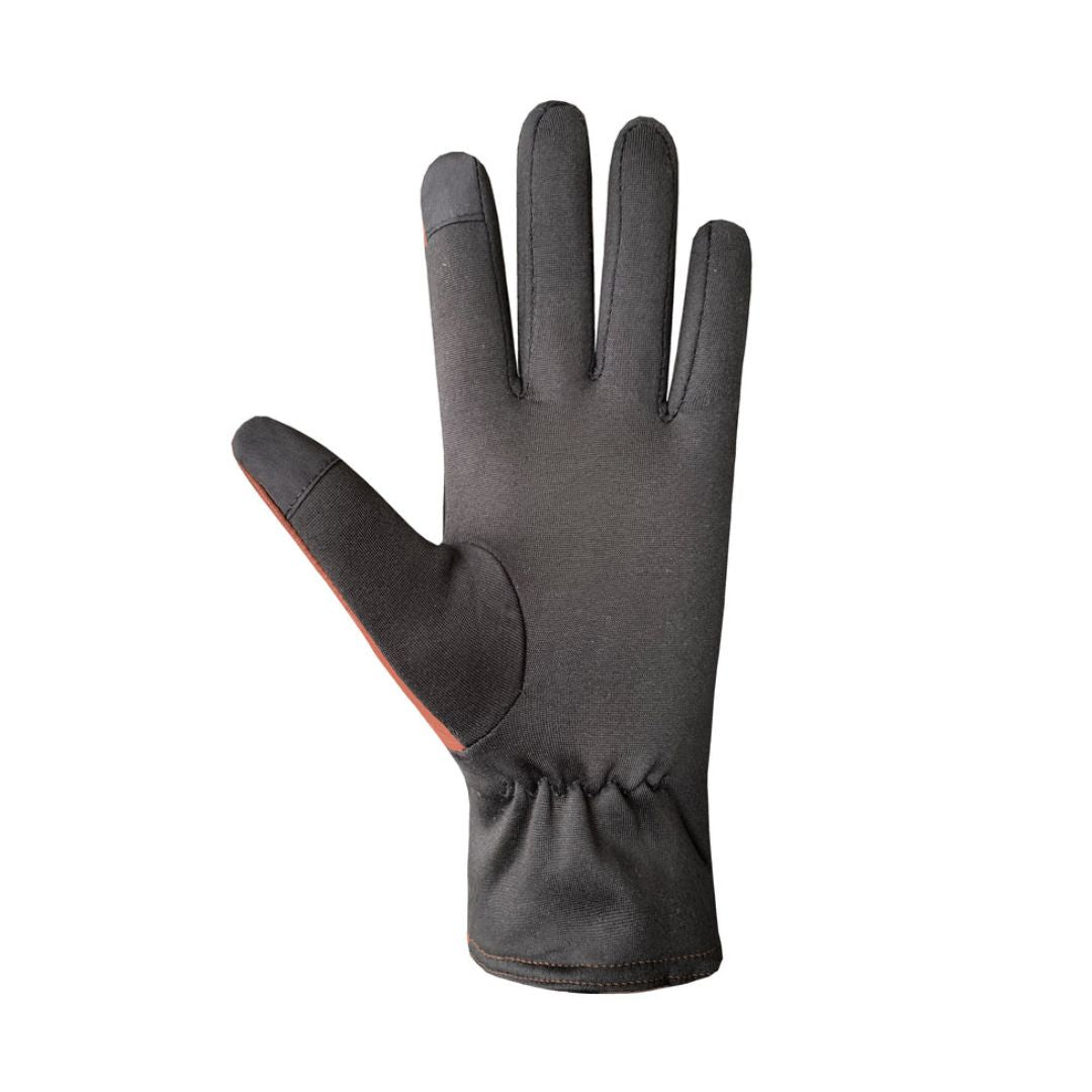 Palm side of brown leather gloves, made of black spandex material with touchscreen friendly fingertips. 