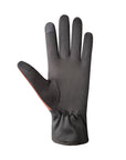 Palm side of brown leather gloves, made of black spandex material with touchscreen friendly fingertips. 