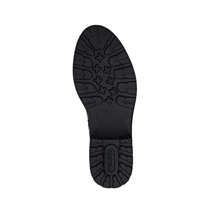 Black light treaded outsole with green Remonte logo stamped on heel.