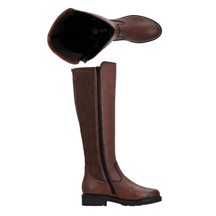 A pair of brown leather knee-high riding-style boots with stretch fabric over back of calf,  burnished accents and a deep treaded black outsole.