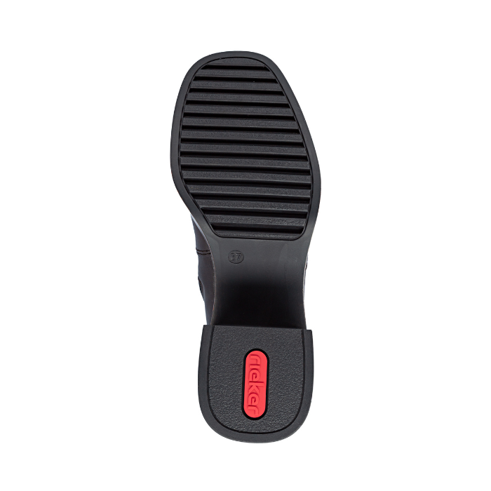 Black line treaded outsole with red Rieker logo on thick block heel.