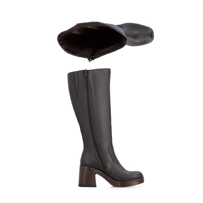 Pair of Dark brown knee-high boots with  inside zipper, light plush lining and a slightly lighter brown chunky block heel.