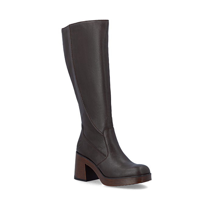 Dark brown knee-high boot with  slightly lighter brown chunky block heel.