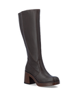 Dark brown knee-high boot with  slightly lighter brown chunky block heel.