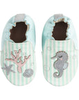 Pair of Aqua and white striped baby shoes with coral, starfish and seahorse on toes.