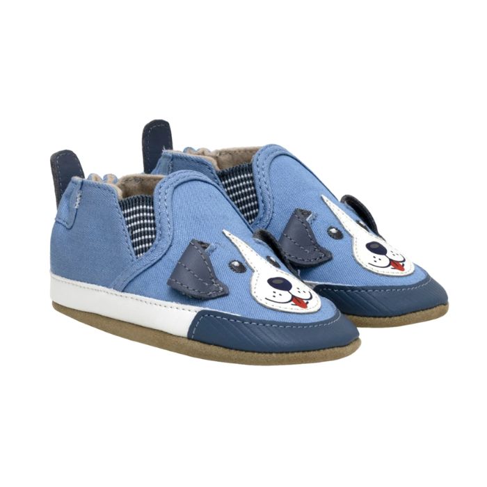 Blue canvas baby shoes with blue puppy faces on toes.