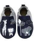 Pair of Navy and Grey baby shoes with giraffe, lion and elephants playing in trees.
