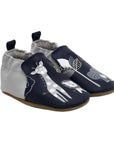 Navy and Grey baby shoes with giraffe, lion and elephants playing in trees.