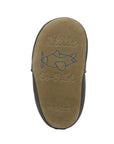 Beige Suede outsole with a blue airplane in middle and "Little Co-pilot" stamped around it.