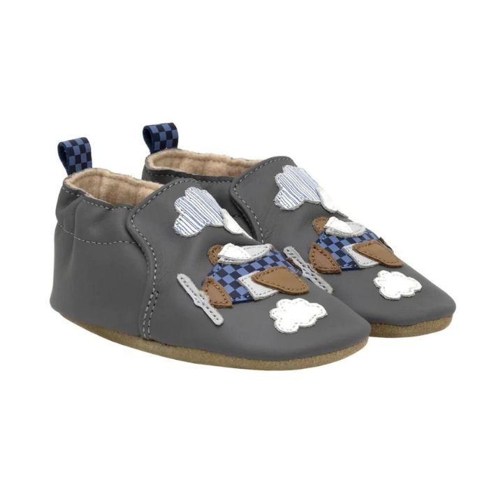 Pair of Gray baby shoes with soft soles featuring airplane and clouds with checkered and striped fabric details.