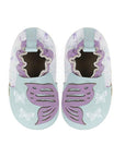 Pair of Aqua and purple baby shoes with butterfly designs, white prints, and soft brown soles