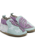 Aqua and purple baby shoes with butterfly designs, white prints, and soft brown soles.