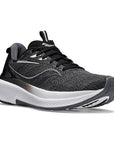 Black mesh sneaker with black laces and thick white midsole. Saucony logo on side.