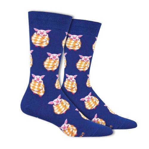 Blue Socks with pink pigs wrapped in orange/white checkered blankets